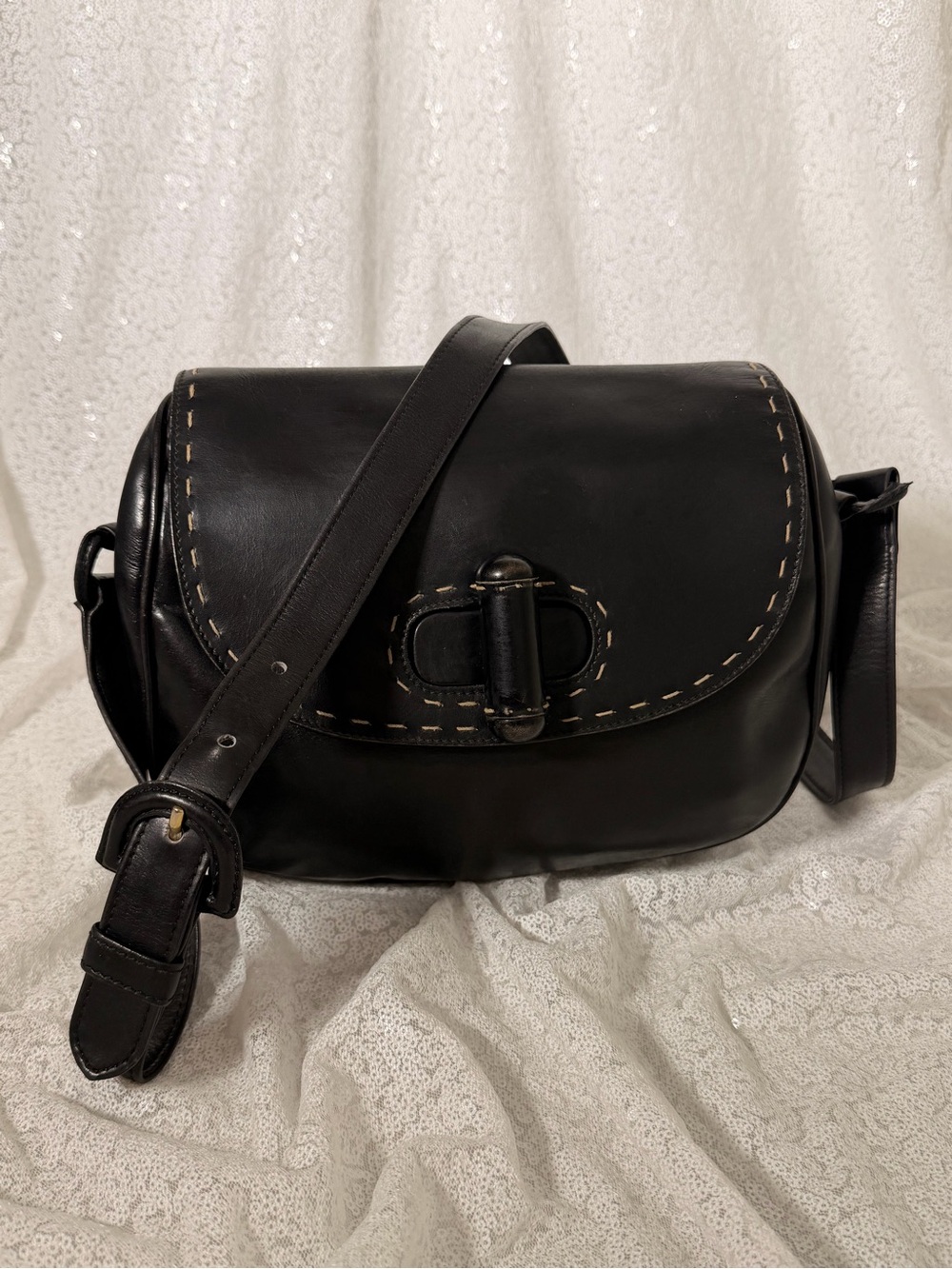 Prada Vintage Genuine Black Leather Shoulder Bag Contrast Stitch Made in Italy